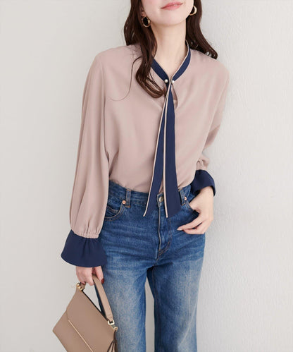 拼色蝴蝶結珍珠扣襯衫