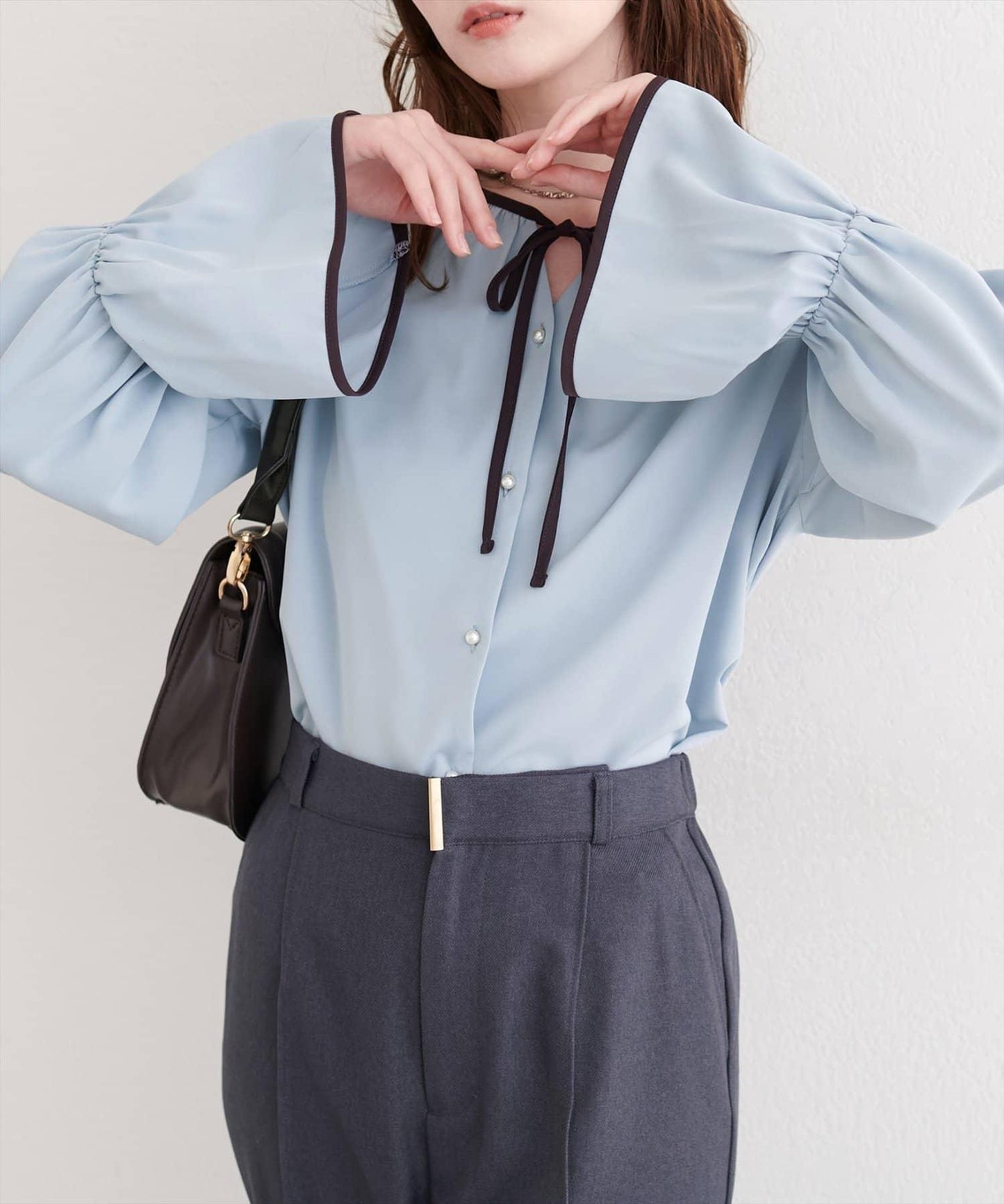 前繫帶拼色襯衫