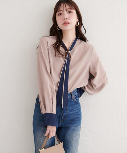 拼色蝴蝶結珍珠扣襯衫