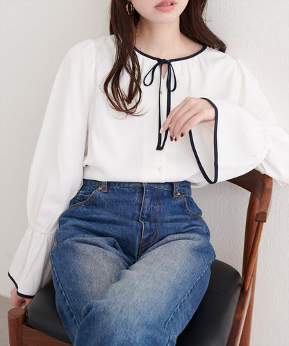 前繫帶拼色襯衫