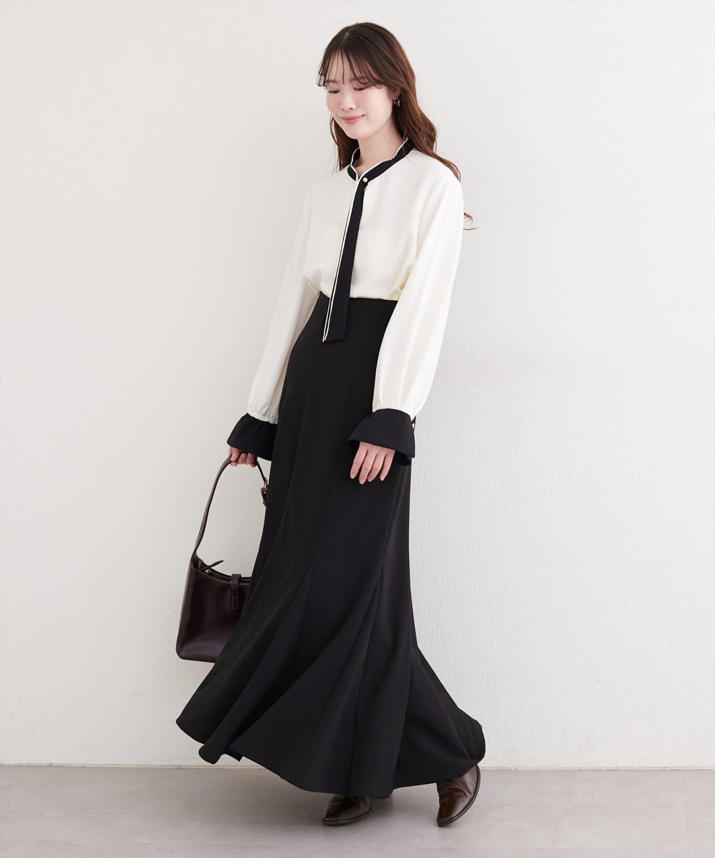 拼色蝴蝶結珍珠扣襯衫