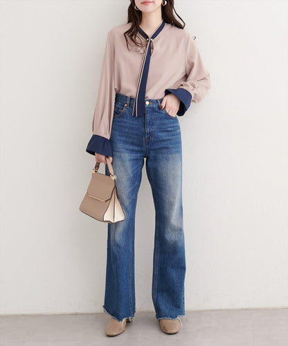 拼色蝴蝶結珍珠扣襯衫