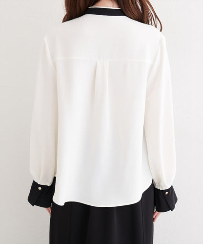 拼色蝴蝶結珍珠扣襯衫