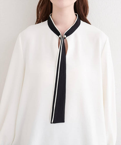 拼色蝴蝶結珍珠扣襯衫