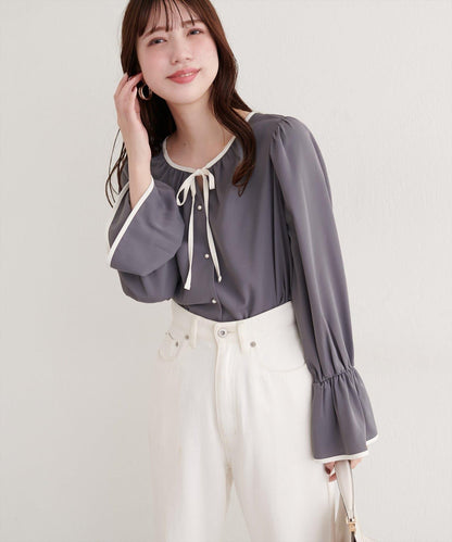 前繫帶拼色襯衫