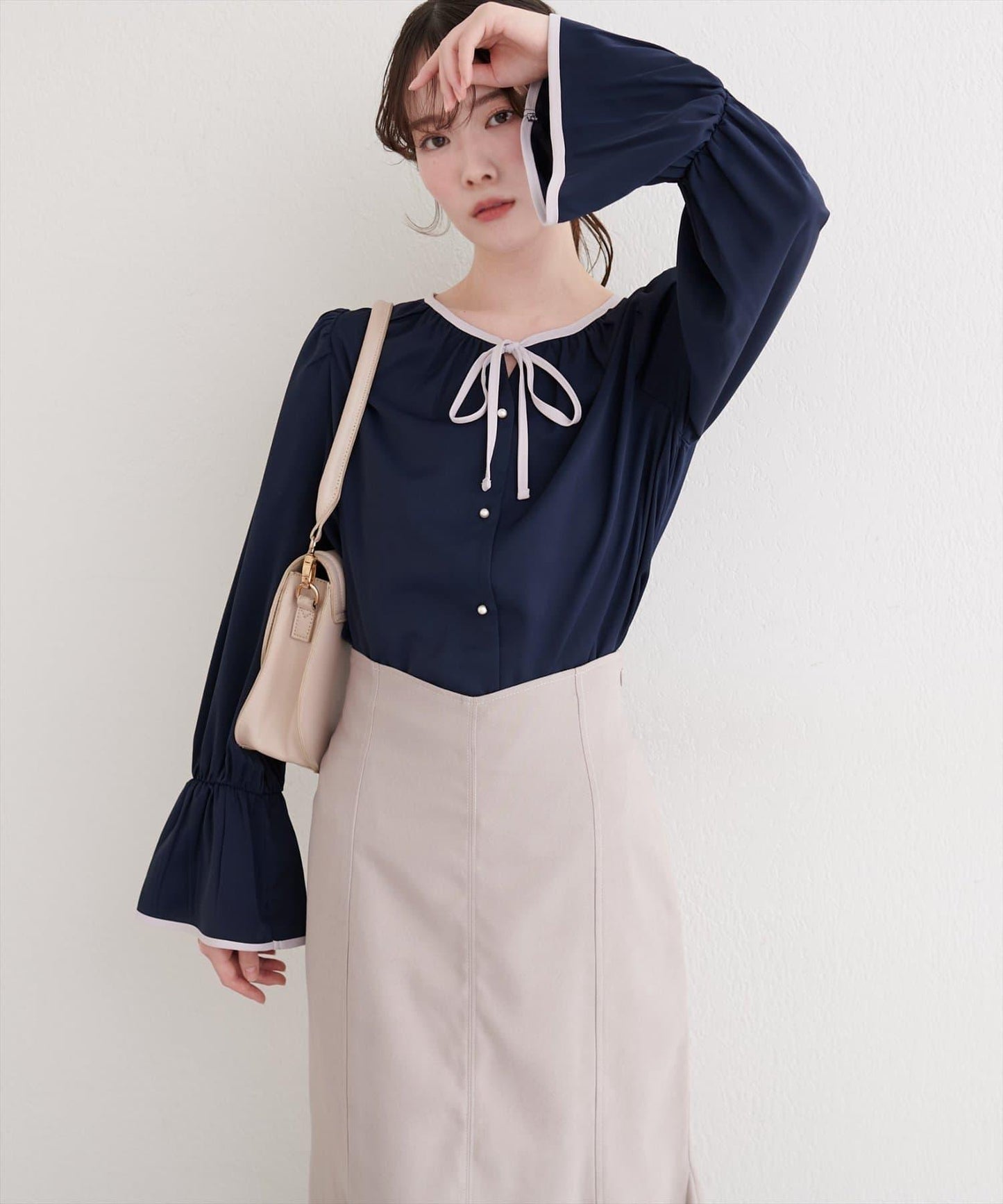 前繫帶拼色襯衫