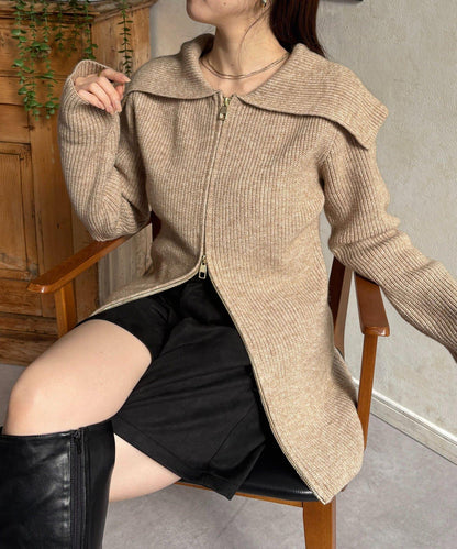 帶領雙拉鍊長款開衫