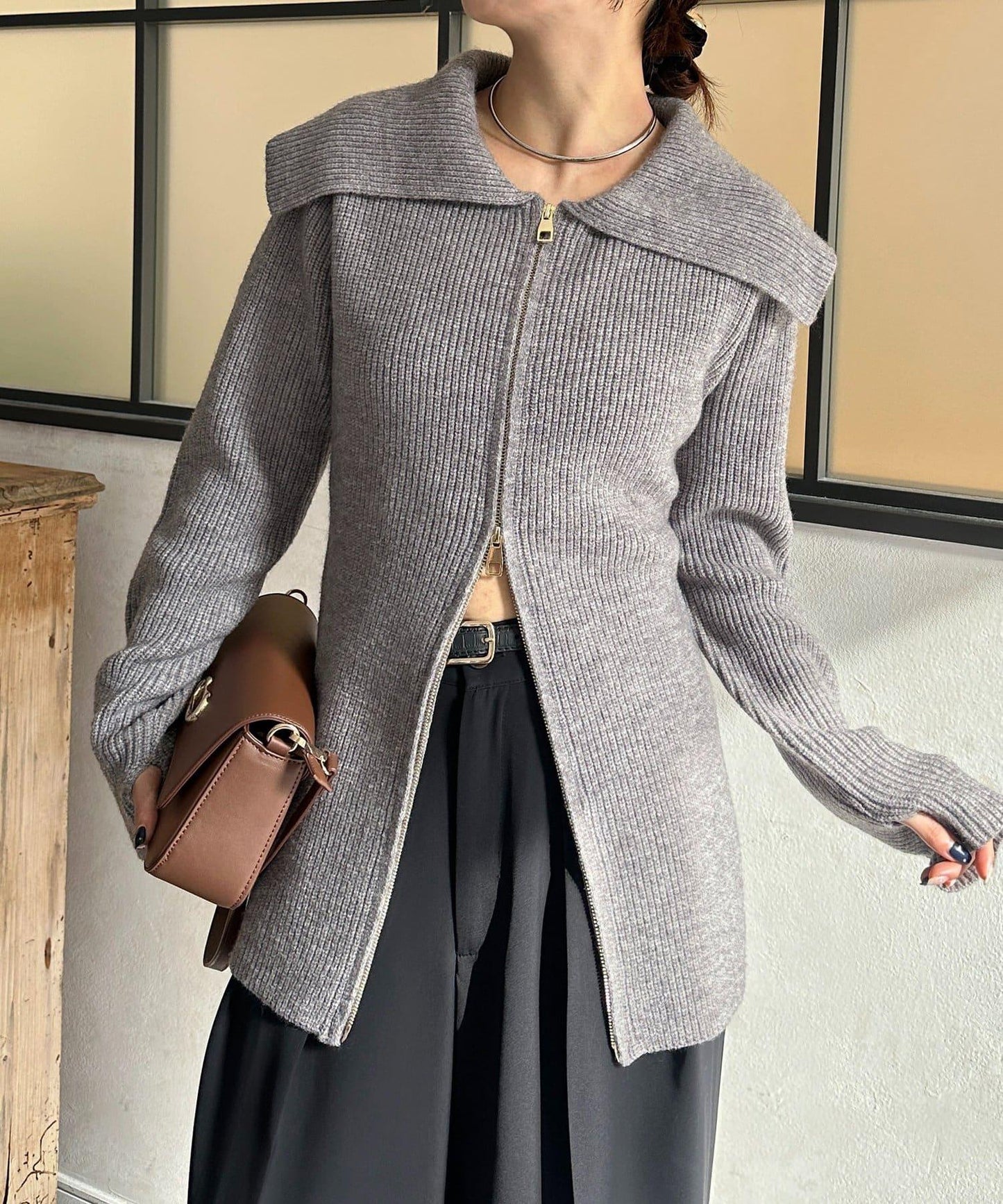 帶領雙拉鍊長款開衫