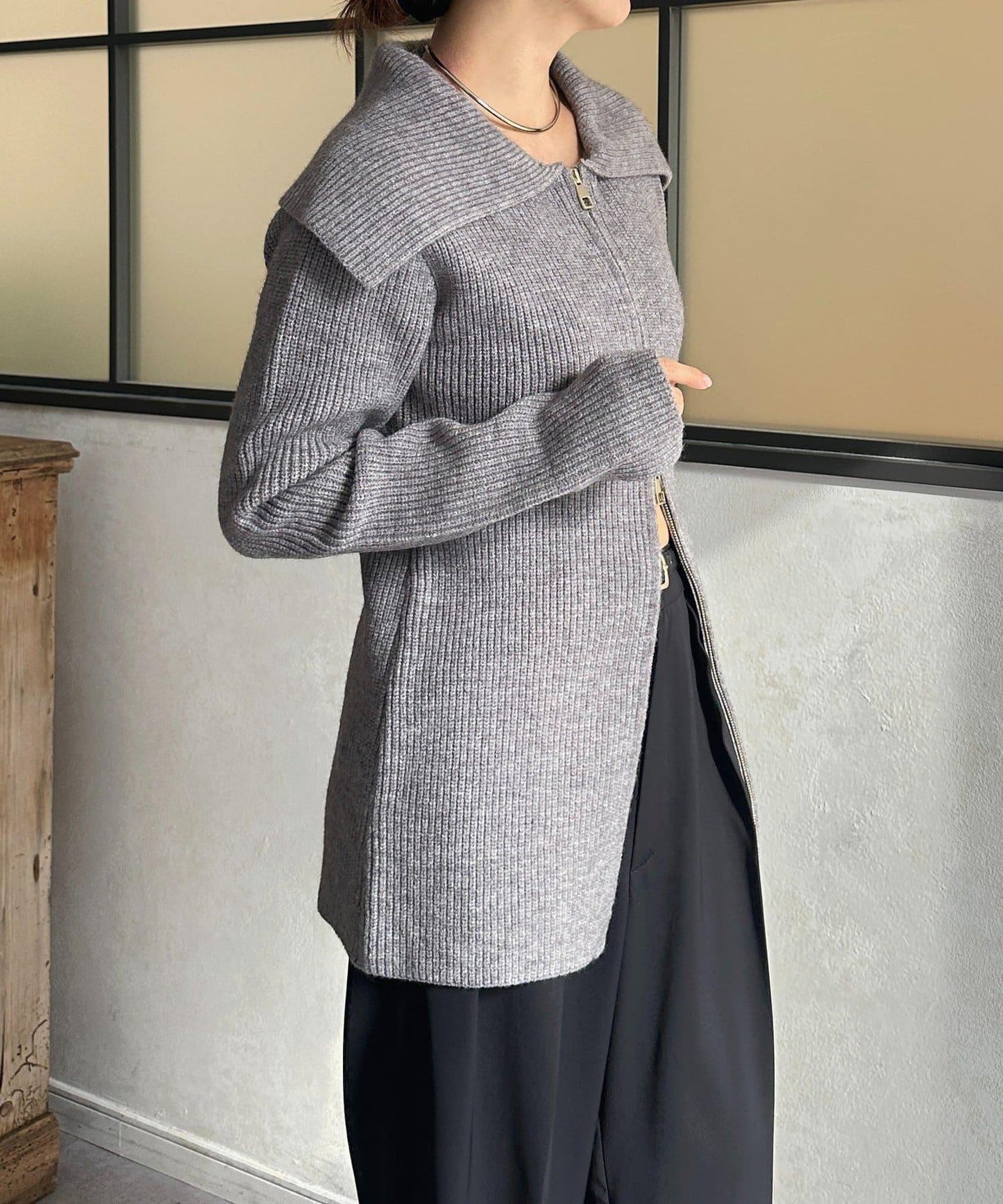 帶領雙拉鍊長款開衫