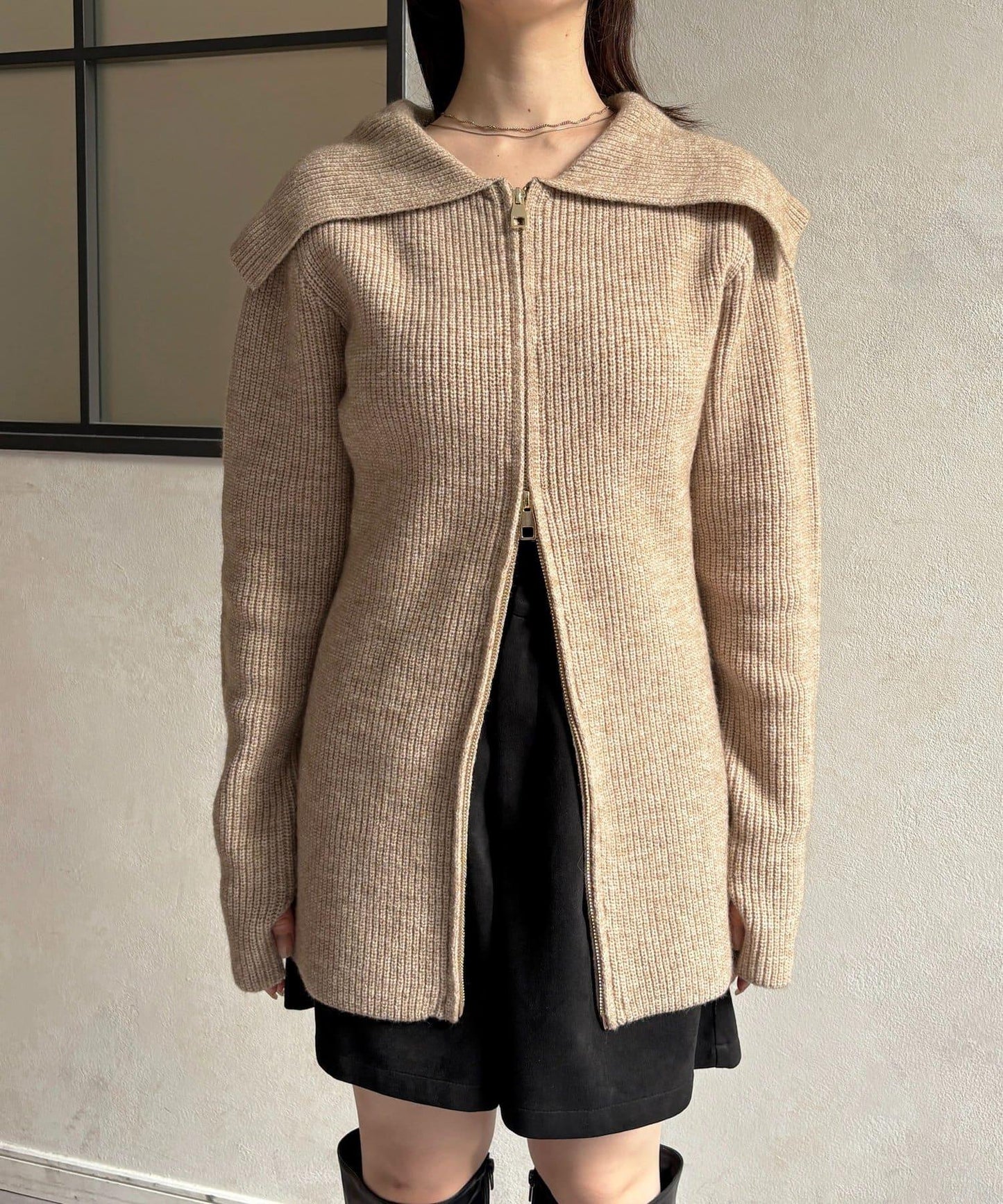 帶領雙拉鍊長款開衫