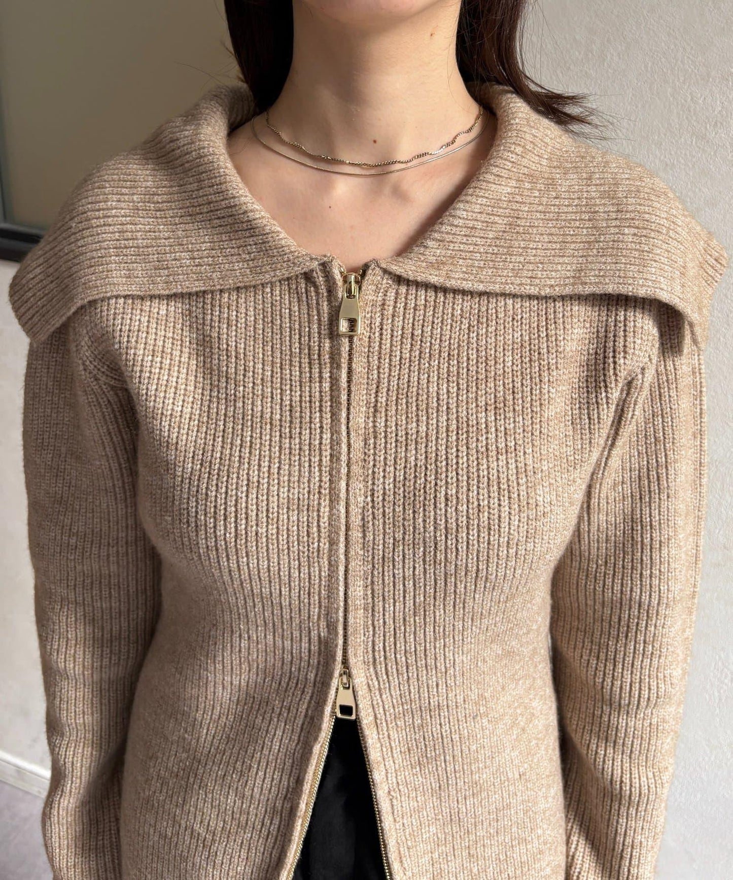 帶領雙拉鍊長款開衫