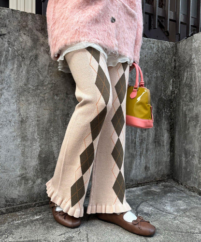 菱格針織荷葉邊褲