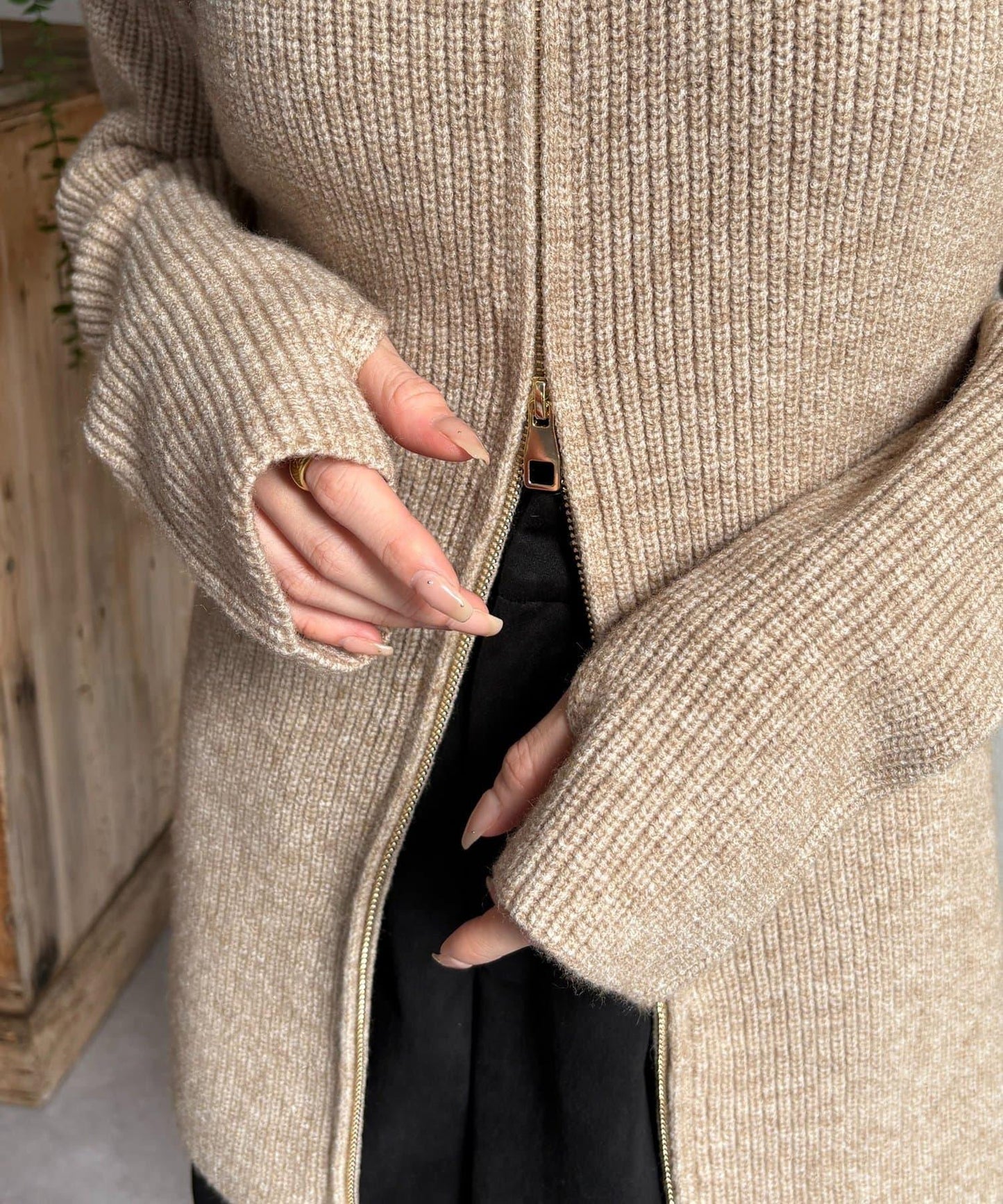 帶領雙拉鍊長款開衫