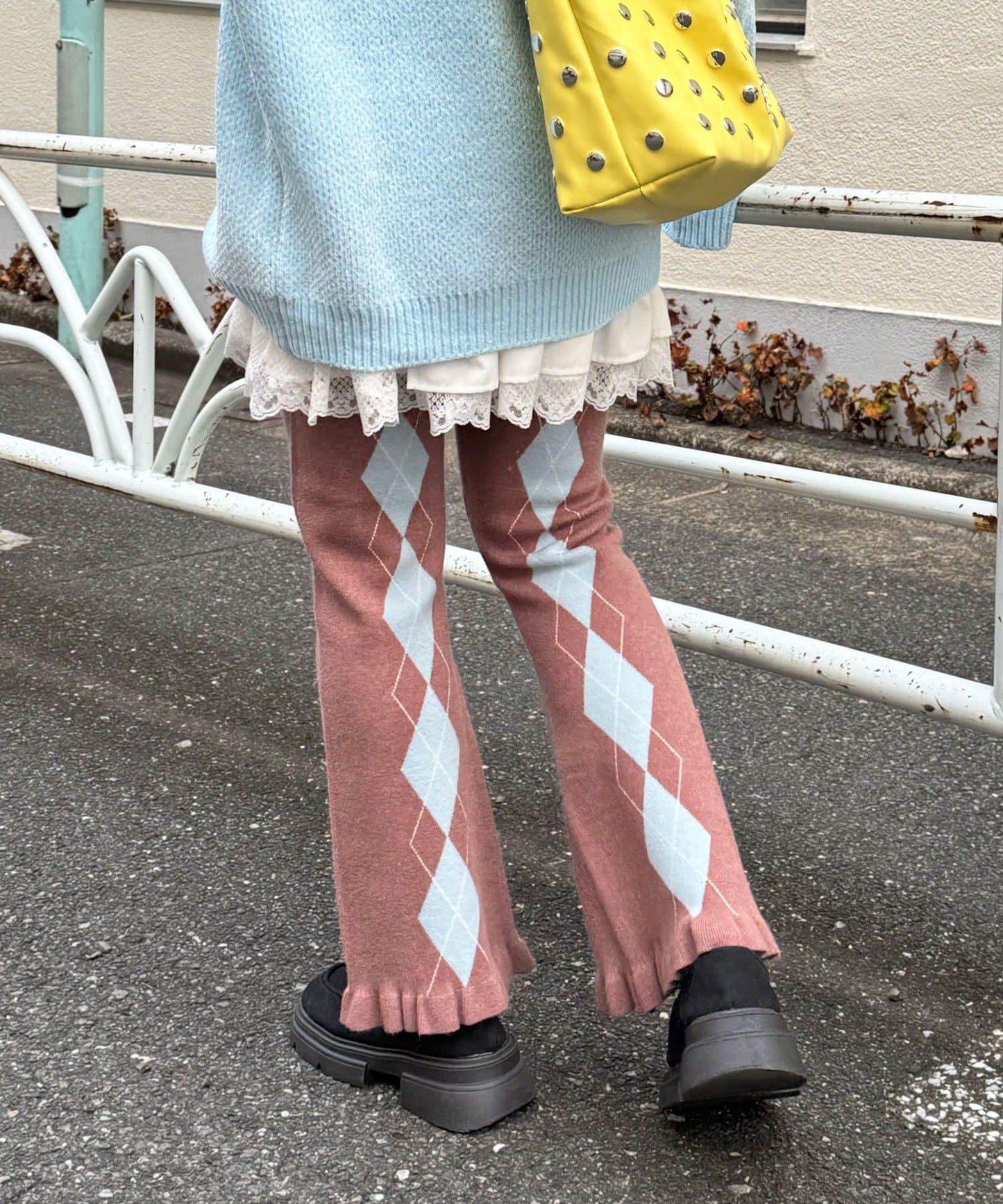 菱格針織荷葉邊褲