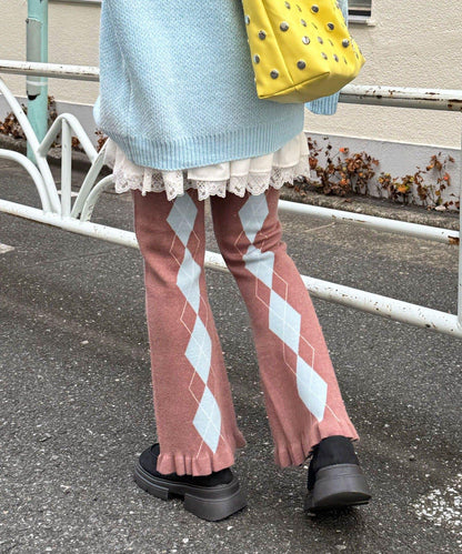 菱格針織荷葉邊褲