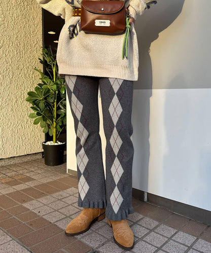 菱格針織荷葉邊褲