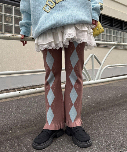 菱格針織荷葉邊褲
