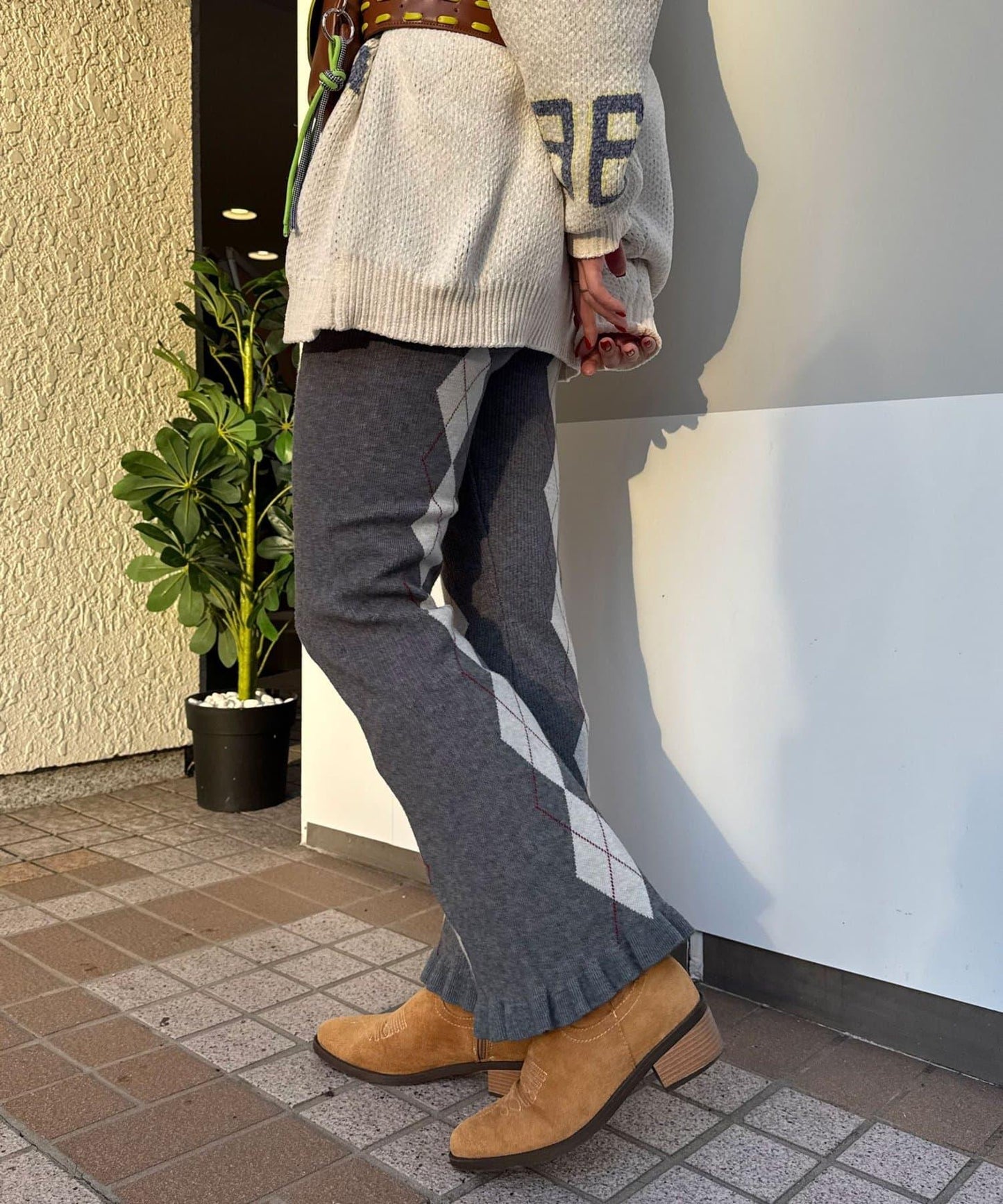 菱格針織荷葉邊褲