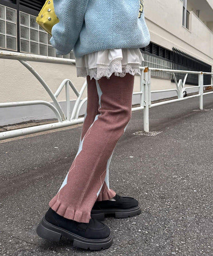 菱格針織荷葉邊褲