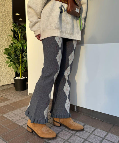 菱格針織荷葉邊褲