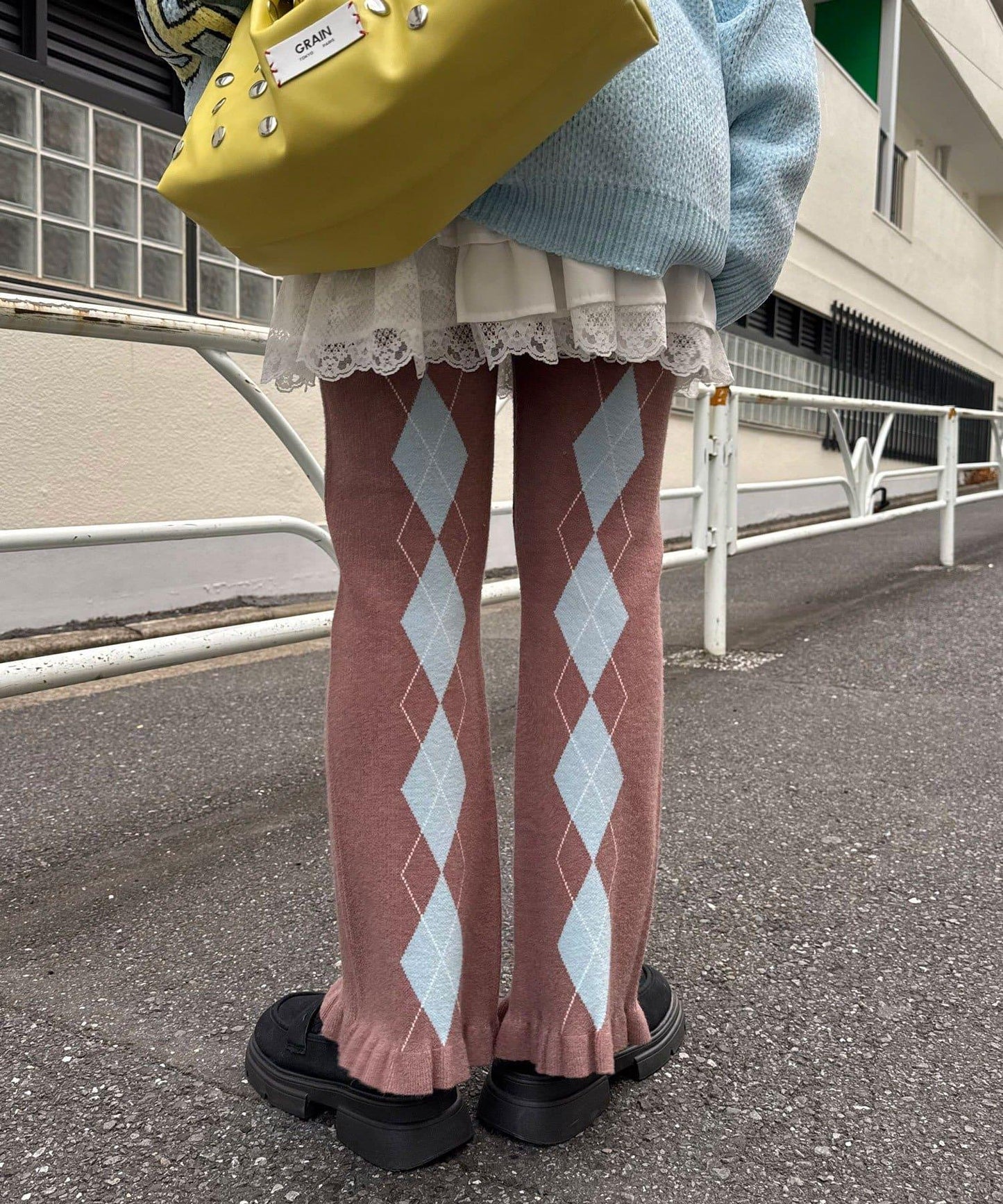 菱格針織荷葉邊褲