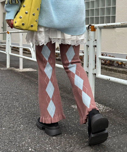 菱格針織荷葉邊褲