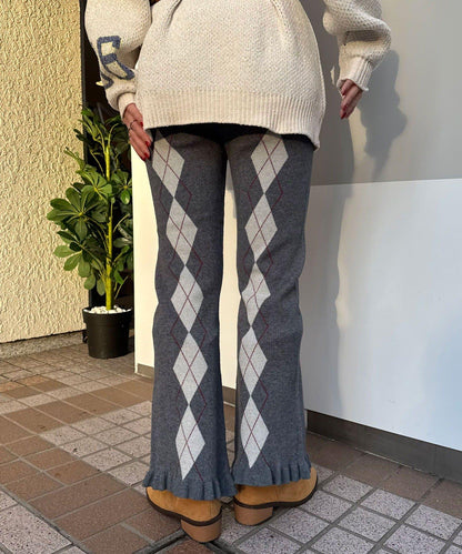 菱格針織荷葉邊褲