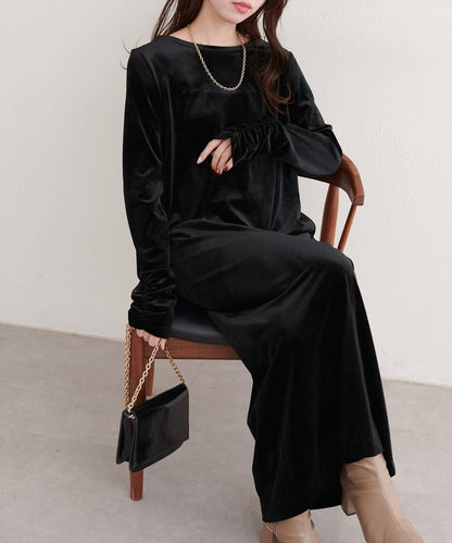袖口褶皺天鵝絨連衣裙