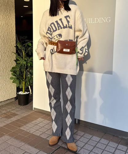 菱格針織荷葉邊褲