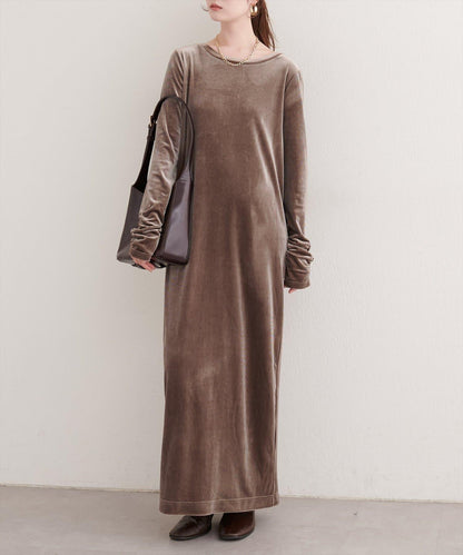 袖口褶皺天鵝絨連衣裙