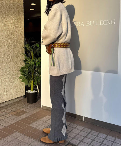 菱格針織荷葉邊褲