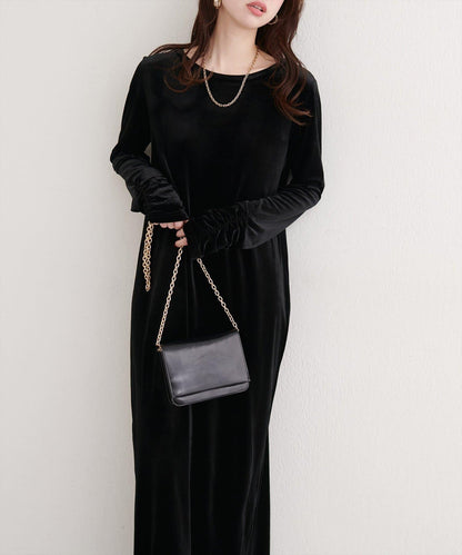 袖口褶皺天鵝絨連衣裙