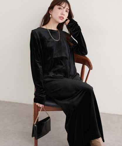 袖口褶皺天鵝絨連衣裙