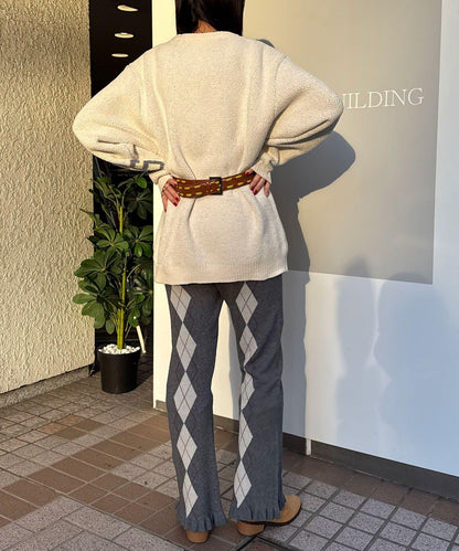 菱格針織荷葉邊褲