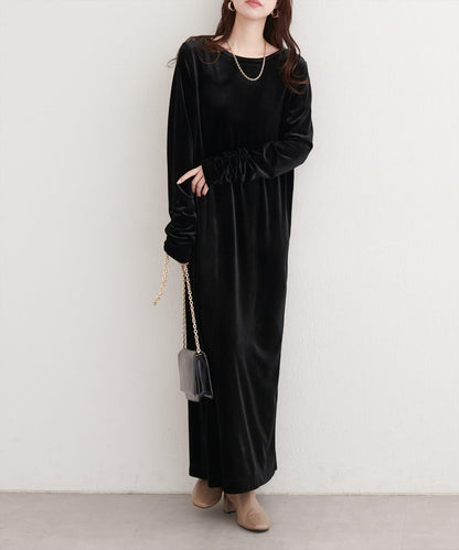 袖口褶皺天鵝絨連衣裙