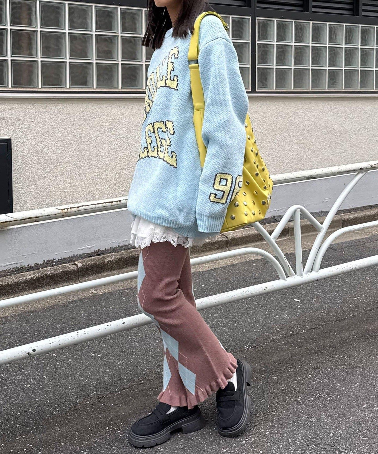 菱格針織荷葉邊褲