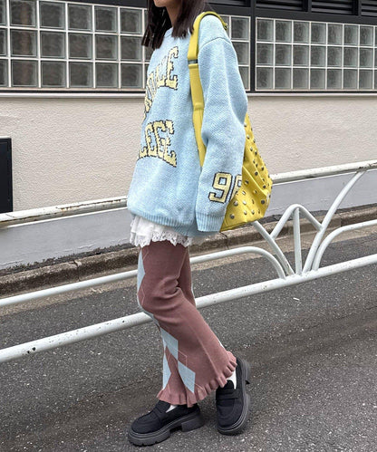 菱格針織荷葉邊褲