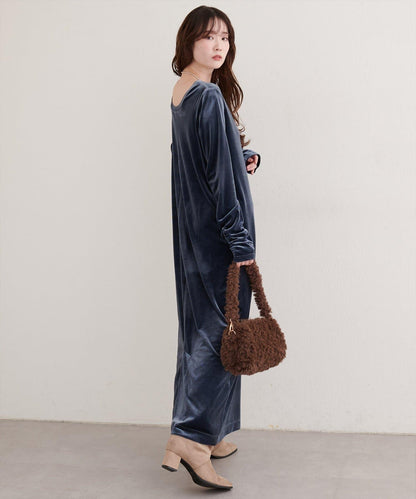 袖口褶皺天鵝絨連衣裙