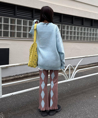 菱格針織荷葉邊褲