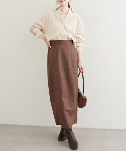 仿皮絨面修身半身裙