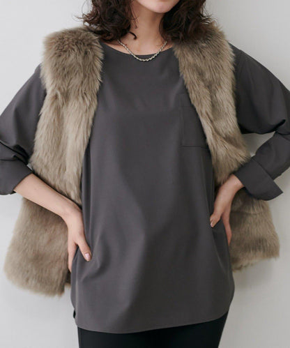 【LARUTA】寬幅PU混紡帶袖口套頭衫