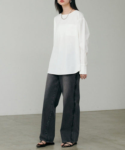 【LARUTA】寬幅PU混紡帶袖口套頭衫