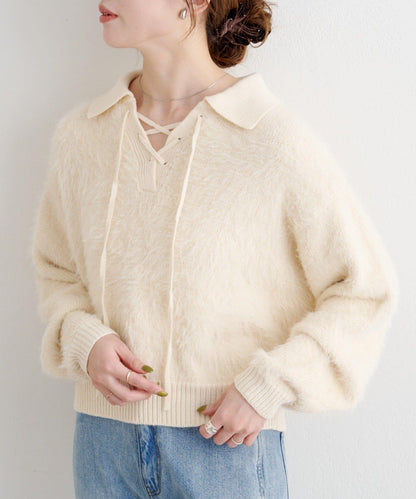 蕾絲繫帶翻領長毛針織衫