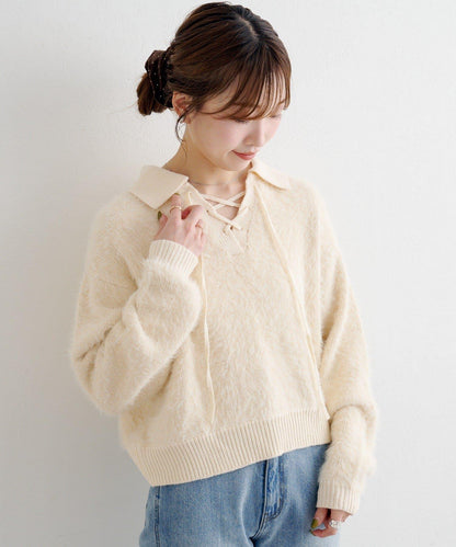 蕾絲繫帶翻領長毛針織衫