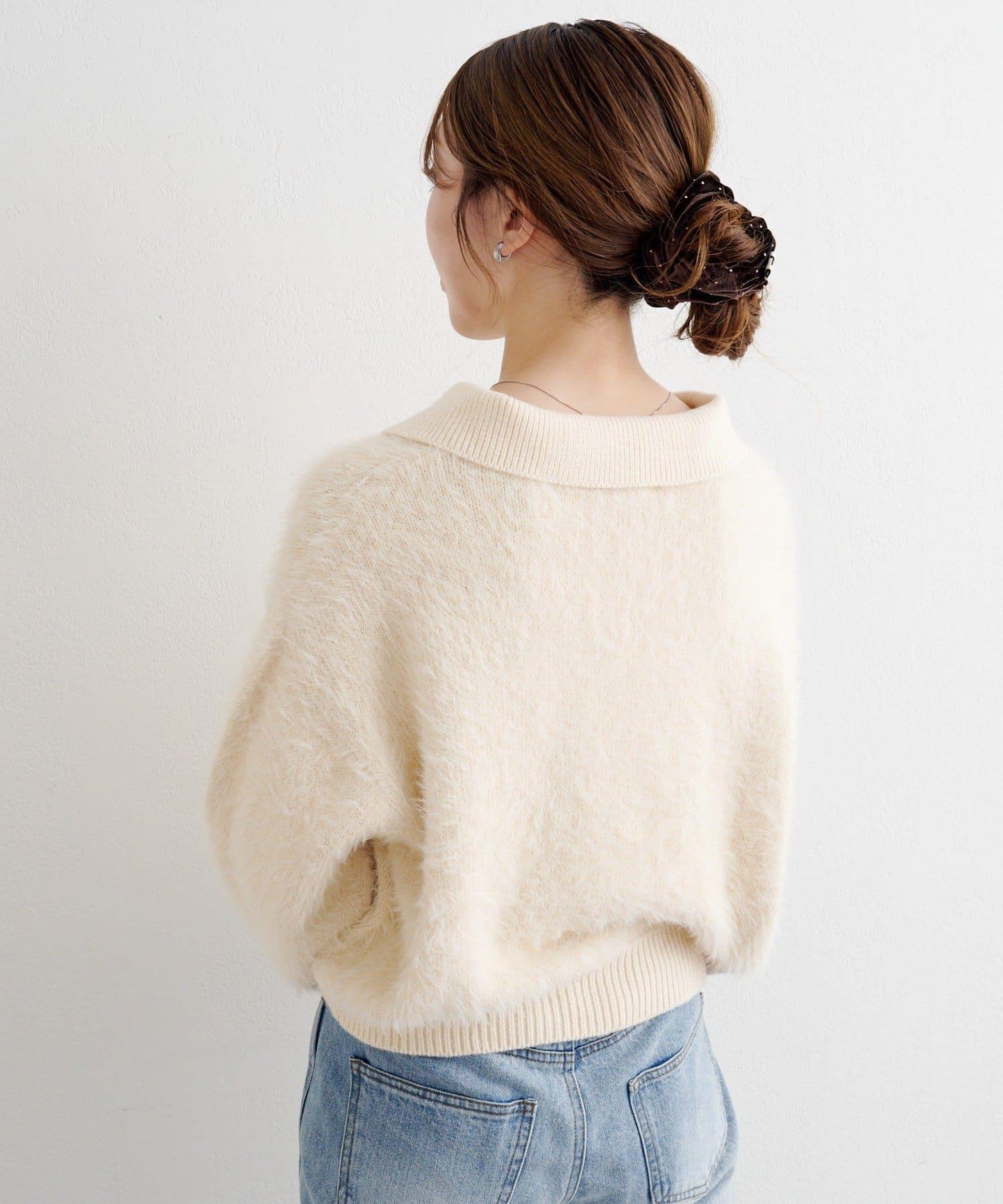 蕾絲繫帶翻領長毛針織衫