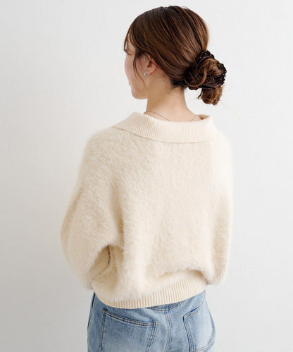 蕾絲繫帶翻領長毛針織衫