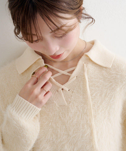 蕾絲繫帶翻領長毛針織衫