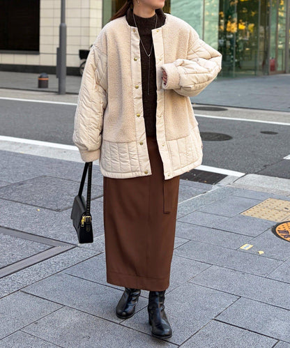 羊羔絨拼接條紋絎縫大衣