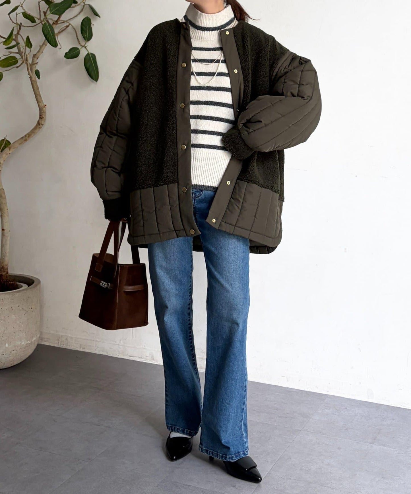 羊羔絨拼接條紋絎縫大衣