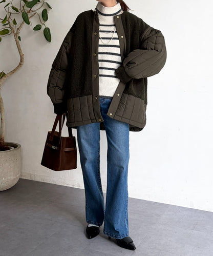 羊羔絨拼接條紋絎縫大衣